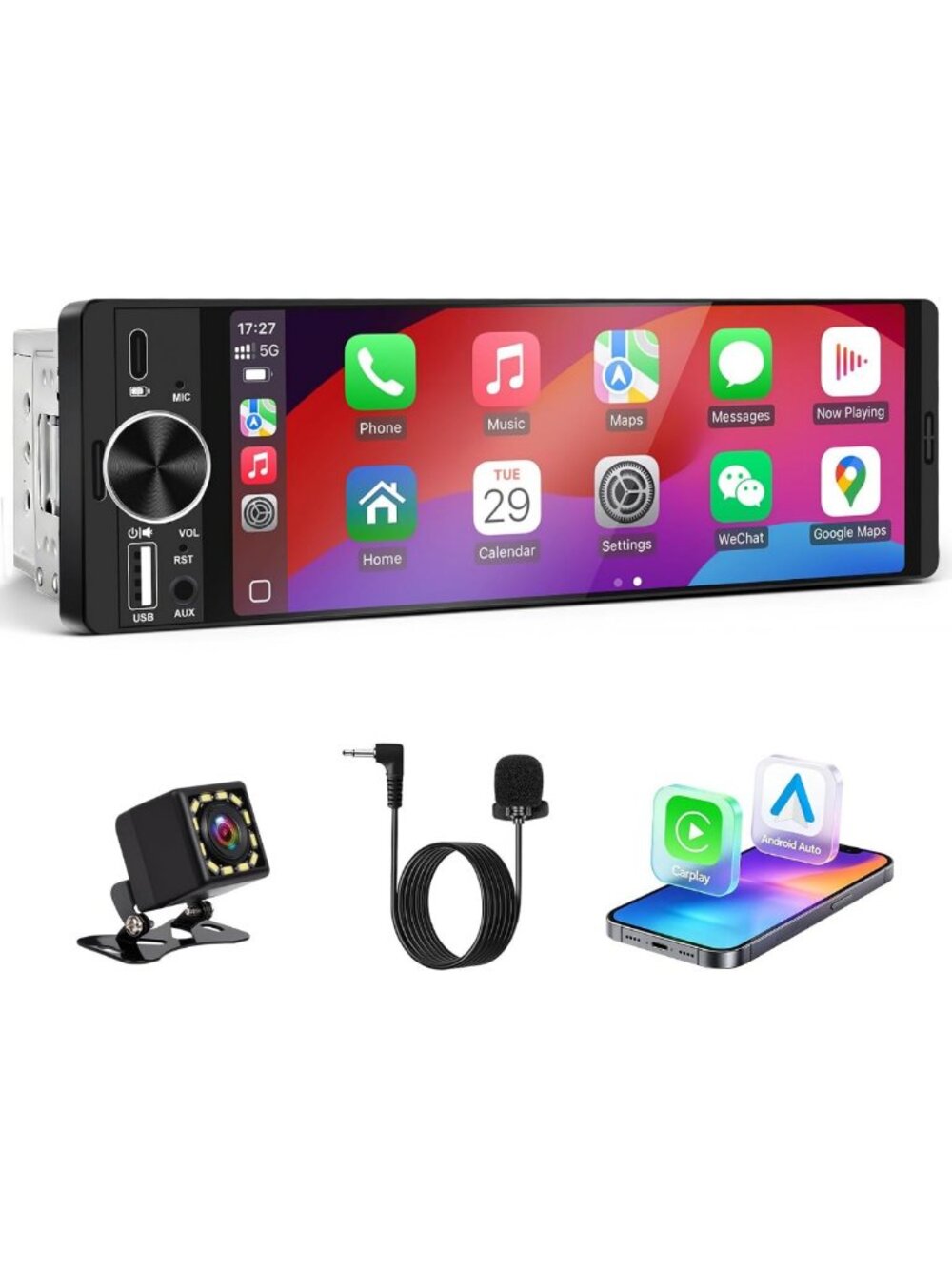 Single DIN Car Stereo - Wireless Apple CarPlay, Android Auto, Bluetooth, Black